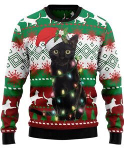 Black Cat Light Christmas Ugly Christmas Sweater - Sweater - Full