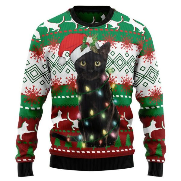 Black Cat Light Christmas Ugly Christmas Sweater - Sweater - Full