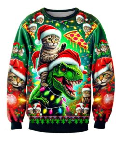 Cat Riding Dinosaur Christmas Ugly Sweater - Sweater - Full