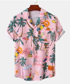 Hawaiian Men's Shirt Beach Coconut Tree Print Short Sleeve - Hawaiian Shirt - Pink