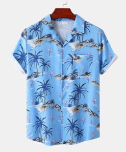 Hawaiian Shirt Beach Coconut Tree Print Short Sleeve - Hawaiian Shirt - Blue