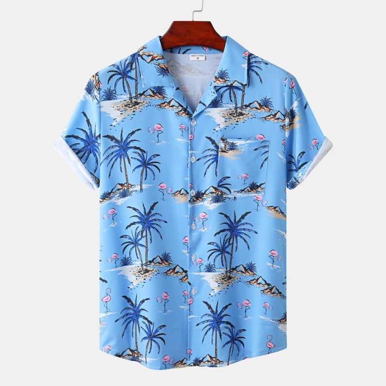 Hawaiian Shirt Beach Coconut Tree Print Short Sleeve - Hawaiian Shirt - Blue
