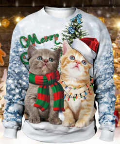 Mens Christmas Cat Print Crew Neck Loose Pullover Sweatshirts - Sweater - Colorful