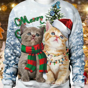 Mens Christmas Cat Print Crew Neck Loose Pullover Sweatshirts - Sweater - Colorful