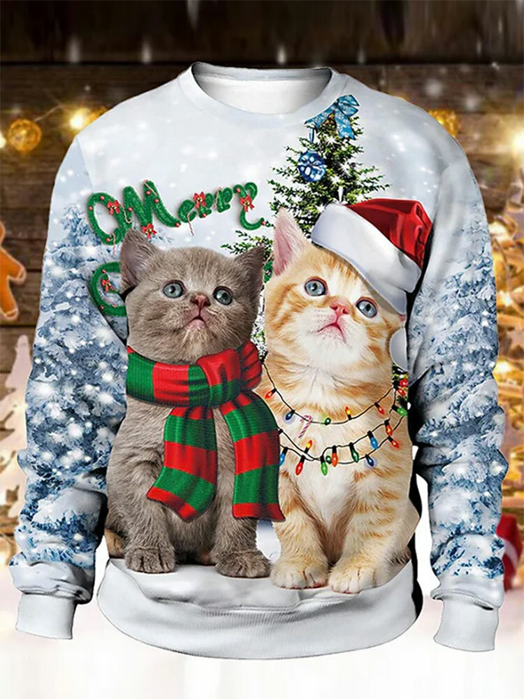 Mens Christmas Cat Print Crew Neck Loose Pullover Sweatshirts style: Sweater, color: Colorful