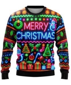 Merry Christmas Bright Neon Lighting Ugly Christmas Sweater - Sweater - Full