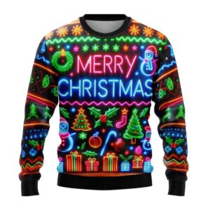 Merry Christmas Bright Neon Lighting Ugly Christmas Sweater - Sweater - Full