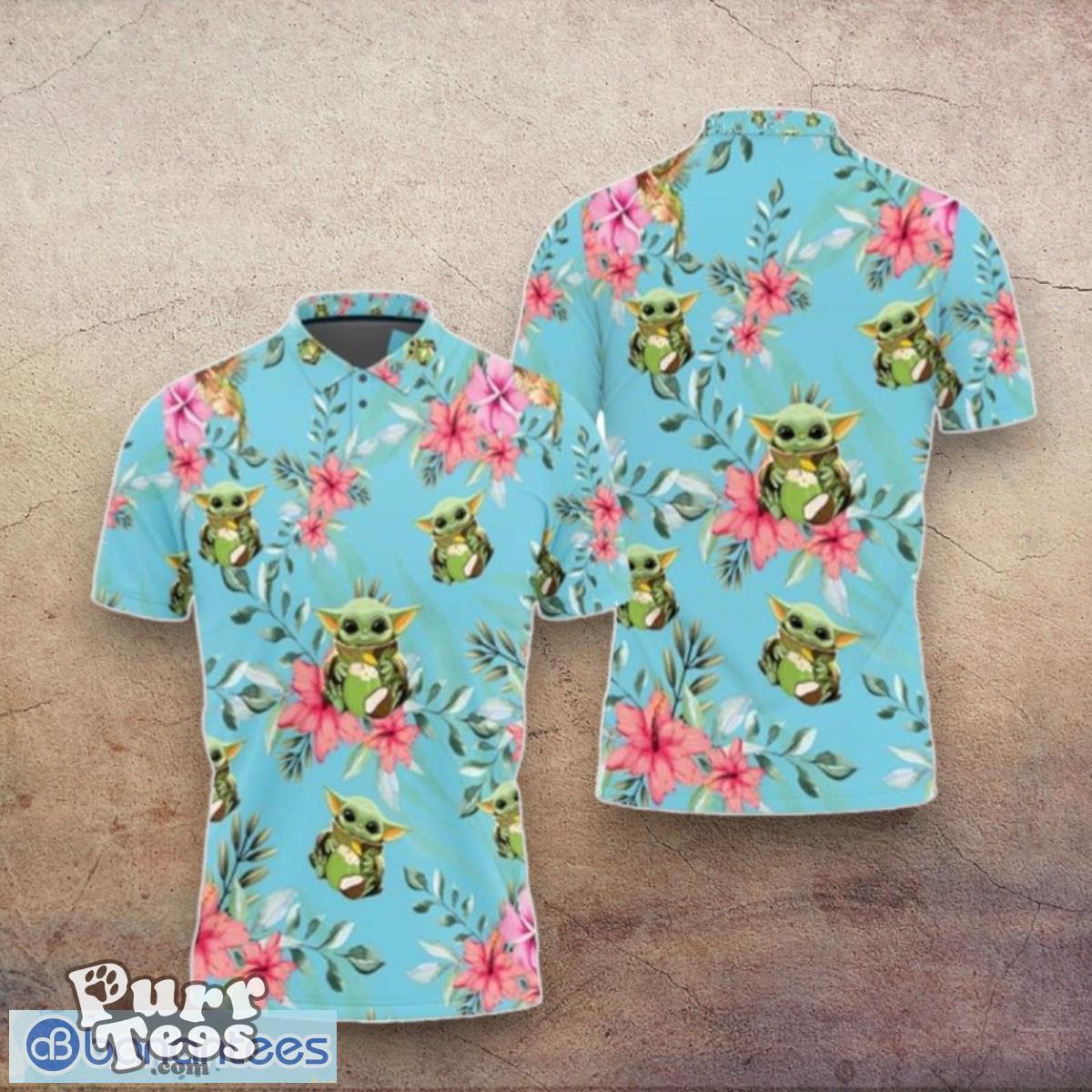 Baby Yoda Hugging Coconuts Seamless Tropical Colorful Flowers On Teal Polo Shirts Style Gift Product Photo 1