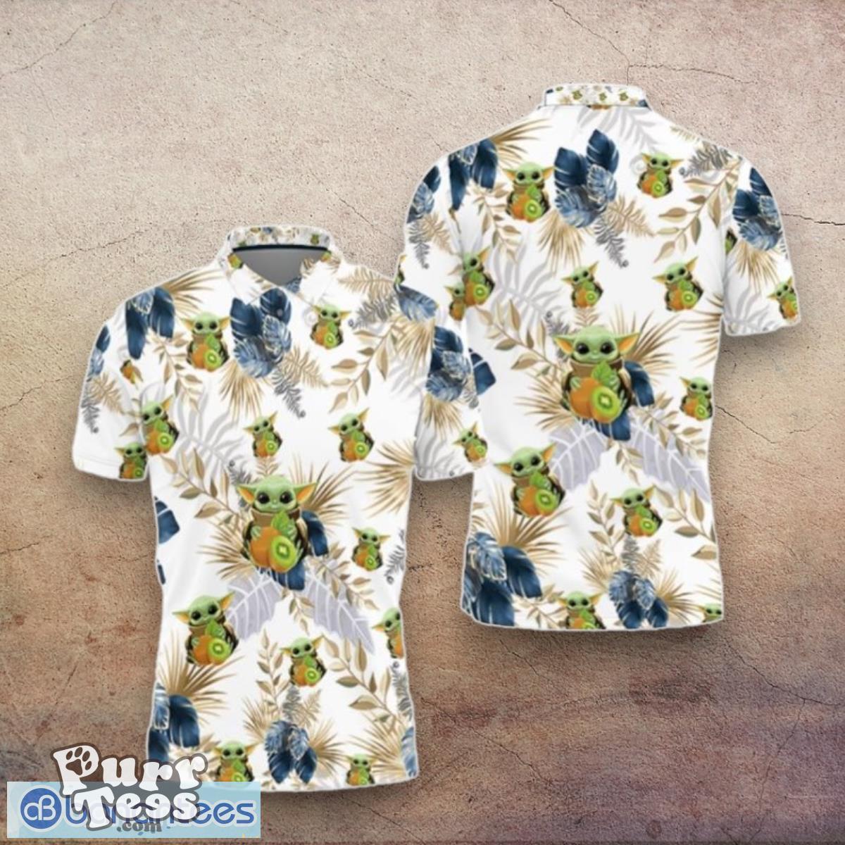 Baby Yoda Hugging Kiwis Seamless Tropical Blue And Green Leaves On White Polo Shirts Style Gift Product Photo 1