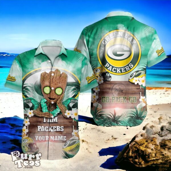 Green Bay Packers NFL Baby Groot Hawaiian Shirt Custom Name Product Photo 1