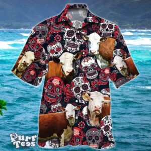 Hereford Cattle Lovers Sugar Skull Floral 3D Hawaiian Shirt Style Gift Product Photo 1