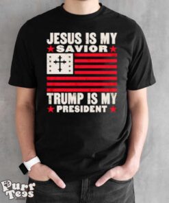 Jesus is my savior Trump is my president USA flag cross shirt - Black Unisex T-Shirt