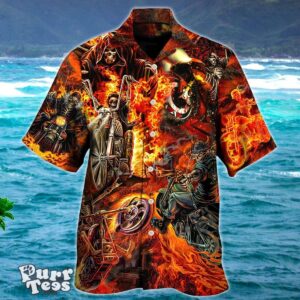 Motorcycle Lover Skull Fire Burning Art Style Hawaiian Shirt Style Gift Product Photo 1