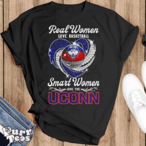 Real women love basketball smart women love the Uconn Huskies heart shirt - Black T-Shirt