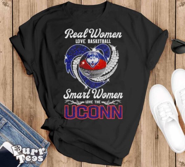 Real women love basketball smart women love the Uconn Huskies heart shirt - Black T-Shirt