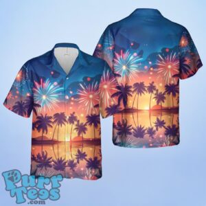 4th Of July Beach Party With Fireworks Over Palm Trees And The Ocean Hawaiian Shirt Product Photo 1