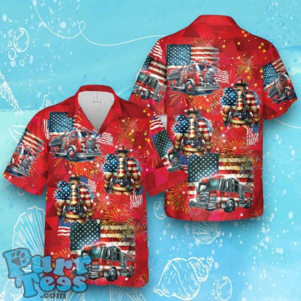 4th Of July Fire Truck Flag Firefighter Hawaiian Shirt Product Photo 1