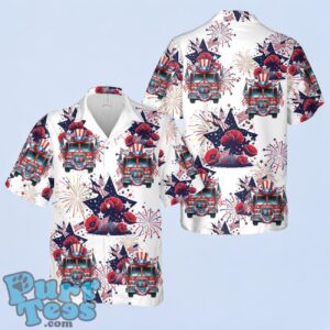 American Flag Flower Patriotic Fire Trucks, 4th Of July Hawaiian Shirt Product Photo 1